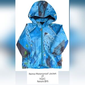 Reima 2T Toddler Waterproof Rain Jacket | Blue Ocean Print Hooded Coat
